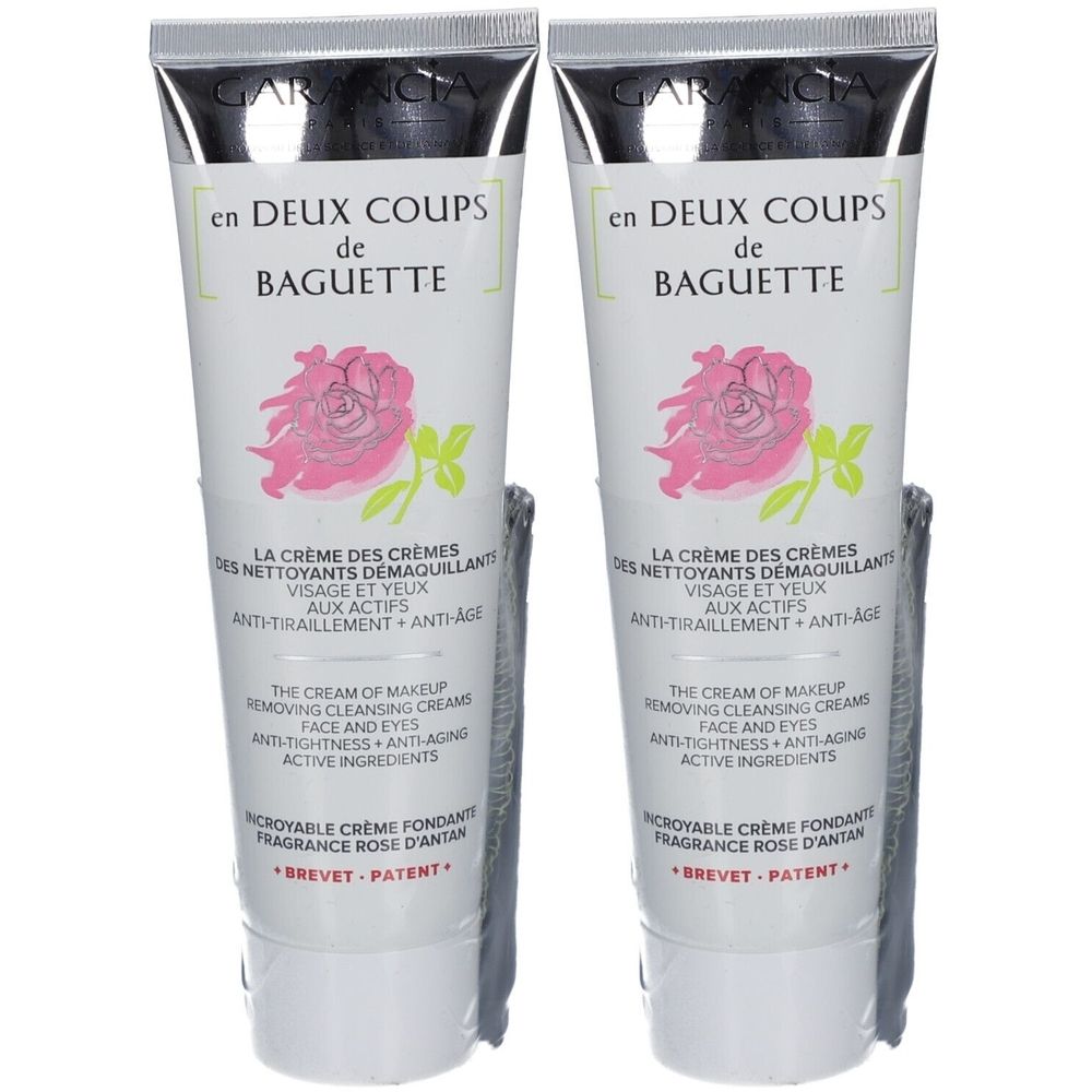 Deux tubes de crème nettoyante. Blanc, texte et illustration de rose. Marque : Garancia. Inscription française.