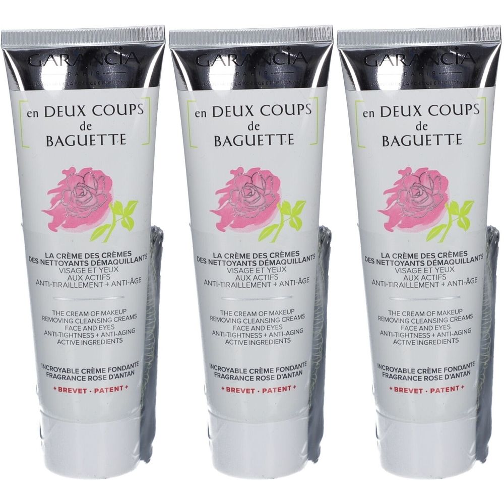 Trois tubes de crème nettoyante. Blancs, avec motif floral et texte. Marque Garancia. Inscription: en Deux Coups de Baguette.