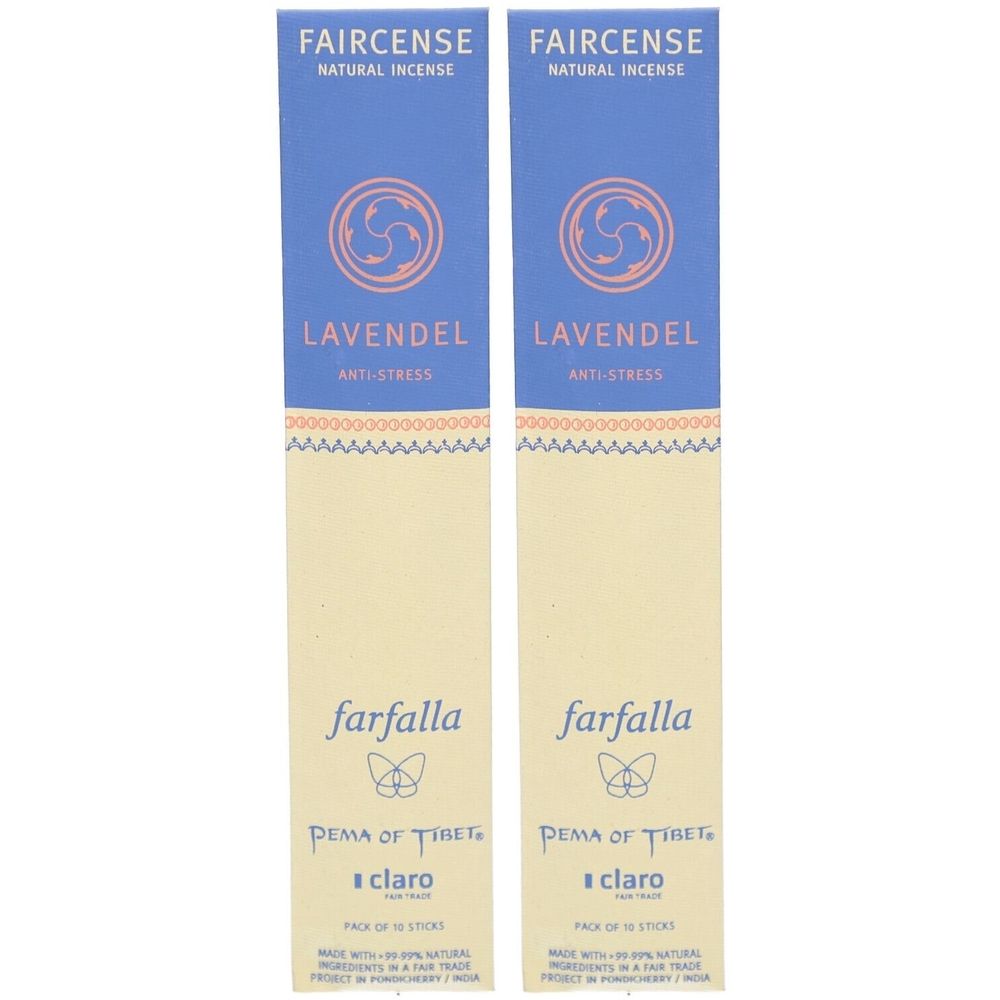 Zwei Packungen Räucherstäbchen. Blaue und beige Verpackung mit Text: Faircense, Lavendel, Anti-Stress, Farfalla, Pema of Tibet, claro.