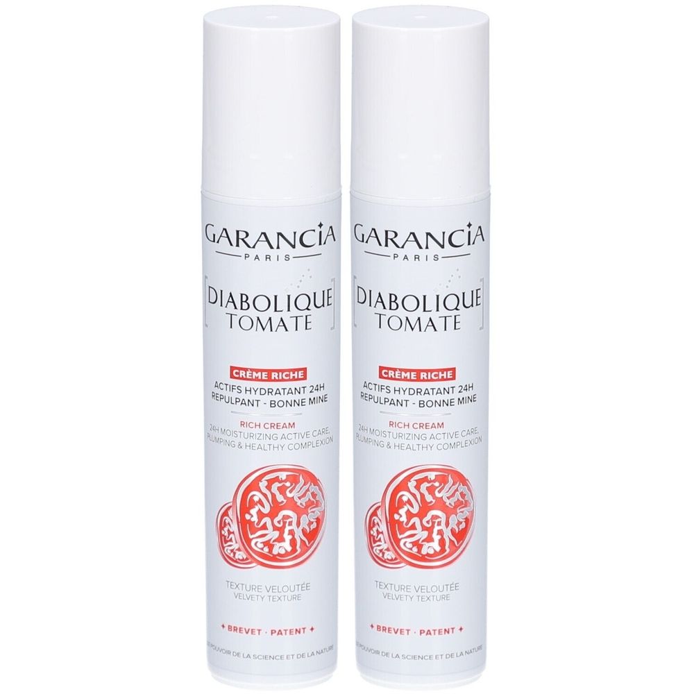 Deux flacons blancs GARANCIA Diabolique Tomate Crème Riche. Illustrations de tomates rouges et texte sur les flacons.
