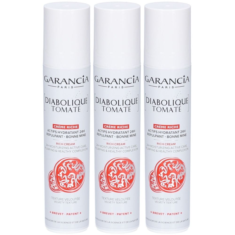 Trois flacons blancs GARANCIA Diabolique Tomate Crème Riche. Illustrations de tomates rouges. Texte en français.