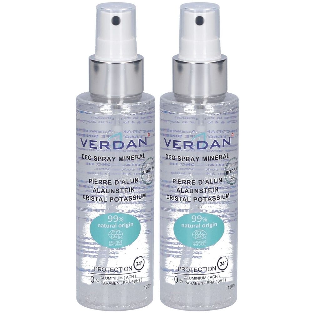 Zwei transparente Sprühflaschen mit silbernen Deckeln. Auf den Etiketten steht "VERDAN DEO SPRAY MINERAL" und "99% natural origin".