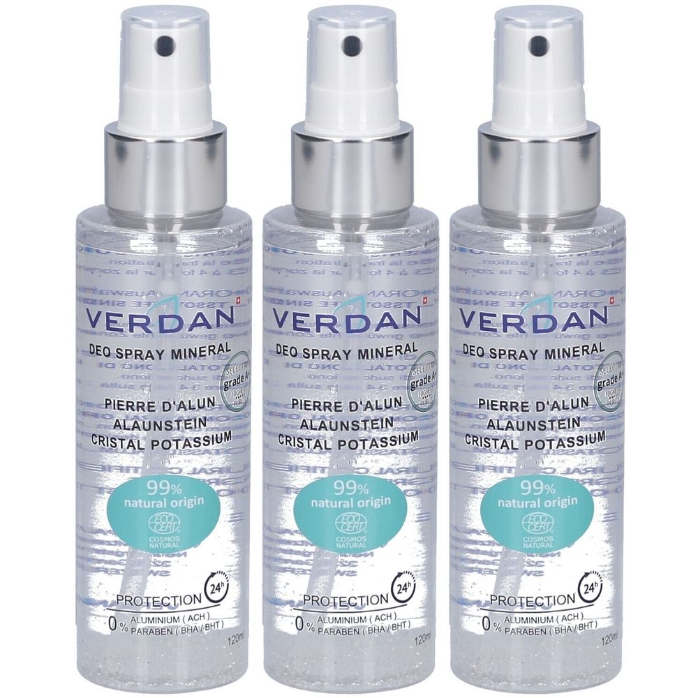 Drei transparente Sprühflaschen mit silbernen Verschlüssen. Auf jeder Flasche steht "VERDAN DEO SPRAY MINERAL".
