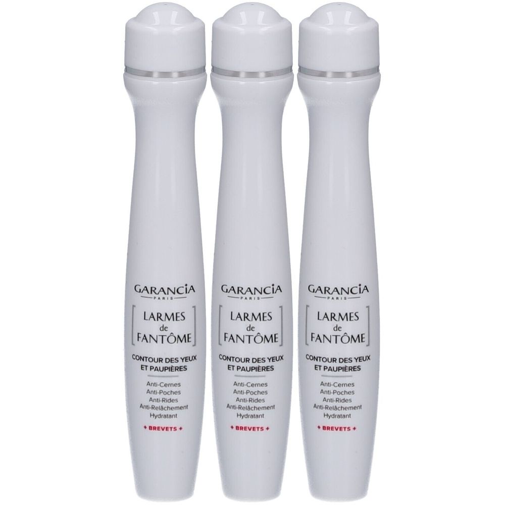 Drei weiße Roll-on-Augenkonturen. Silberner Ring am Hals. Text: Garancia, Larmes de Fantôme, Contour des Yeux et Paupières.
