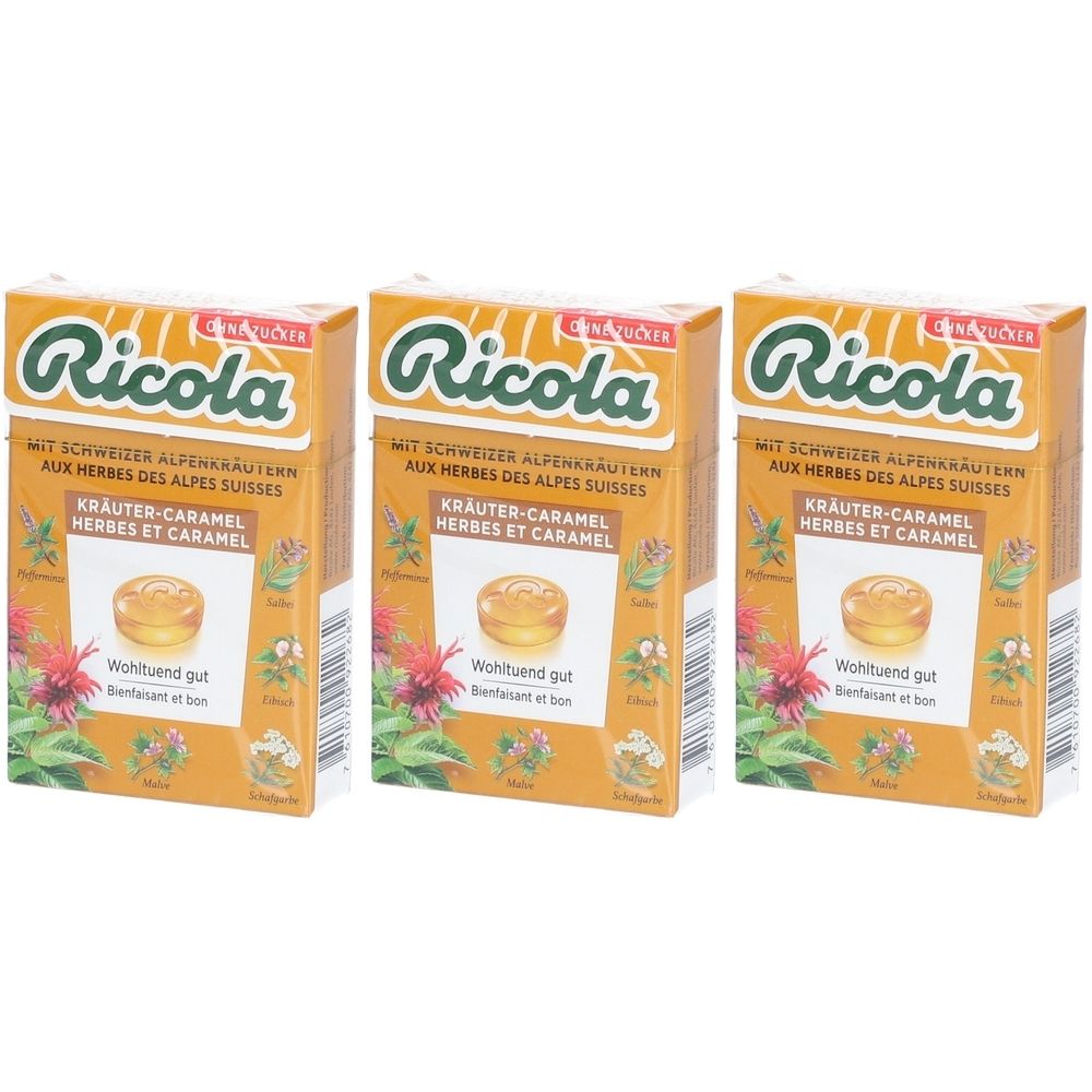 Drei Schachteln Ricola Kräuter-Caramel Bonbons. Gelb-braune Verpackung mit Logo und Produktbezeichnung. Abgebildet ist ein Bonbon.