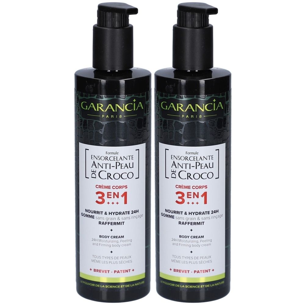 Zwei Flaschen Körpercreme mit schwarzem Pumpverschluss. Aufschrift: GARANCIA, Anti-Peau de Croco, 3-in-1.