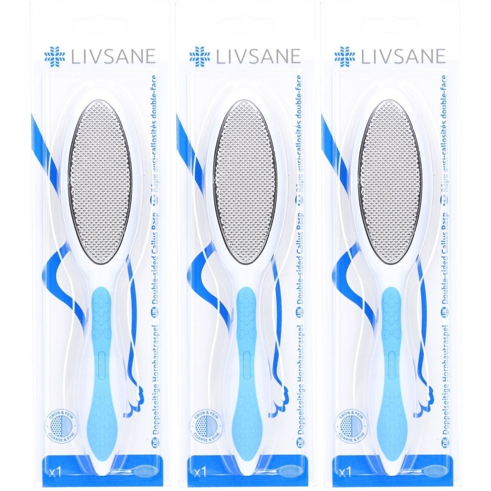 Drei Hornhautraspel in Verpackung. Blaue Griffe, ovale Raspelfläche. Marke: LIVSANE. Doppel-seitig.
