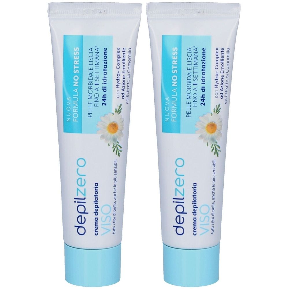 Deux tubes de crème dépilatoire visage Depilzero. Blanc, bleu clair et bleu. Inscription : VISO, FORMULA NO STRESS, 24h di idratazione.