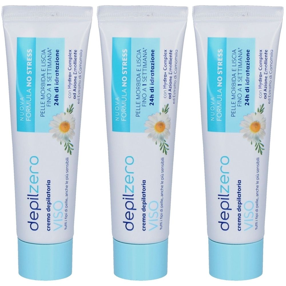 Trois tubes de crème dépilatoire visage. Tubes blancs avec bouchon bleu clair. Inscription: depilzero, VISO, FORMULA NO STRESS.