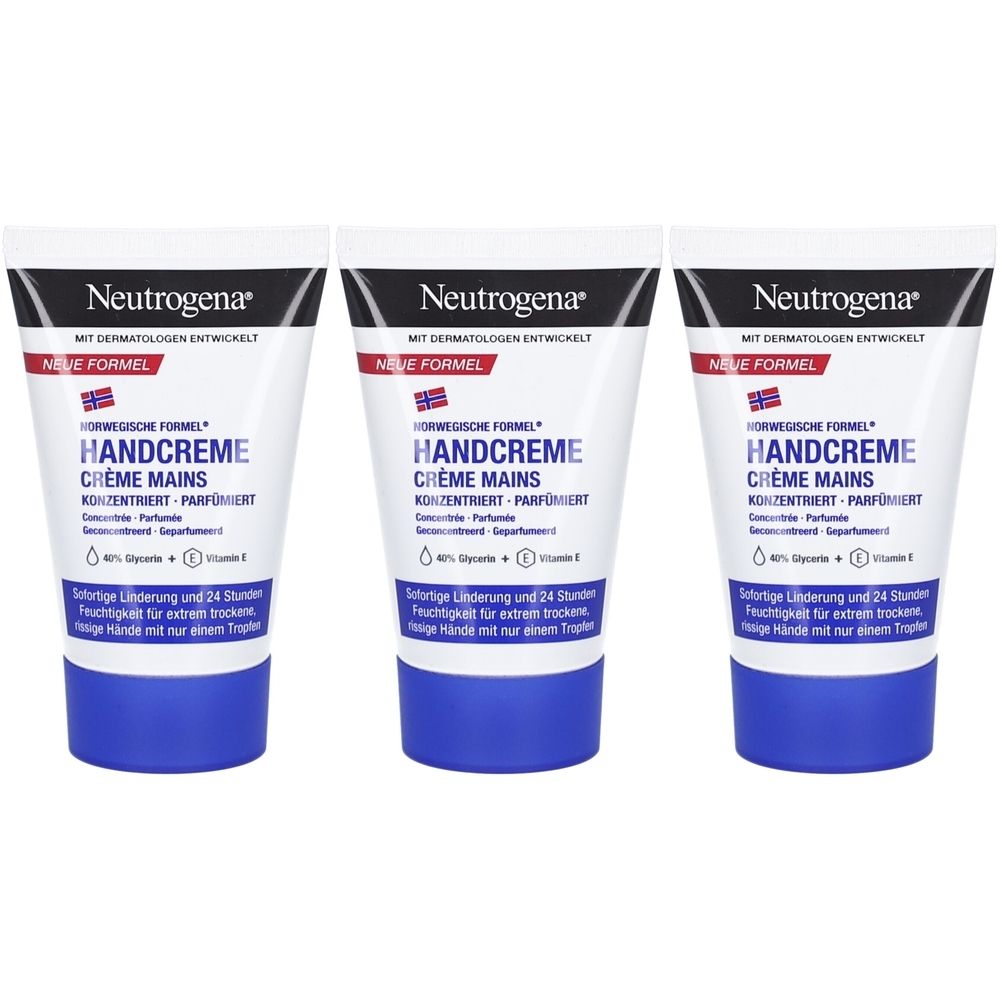Drei Tuben Neutrogena Handcreme. Weiße Tuben mit blauem Deckel. Text: Handcreme, konzentriert, parfumiert. Mit dermatologisch entwickelt.