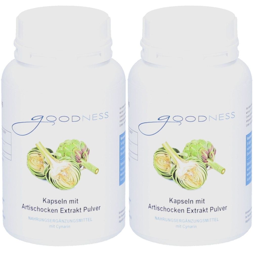 Zwei weiße Flaschen mit Etiketten. Aufschrift: GOODNESS, Artischocken Extrakt Pulver. Abbildung von Artischocken.