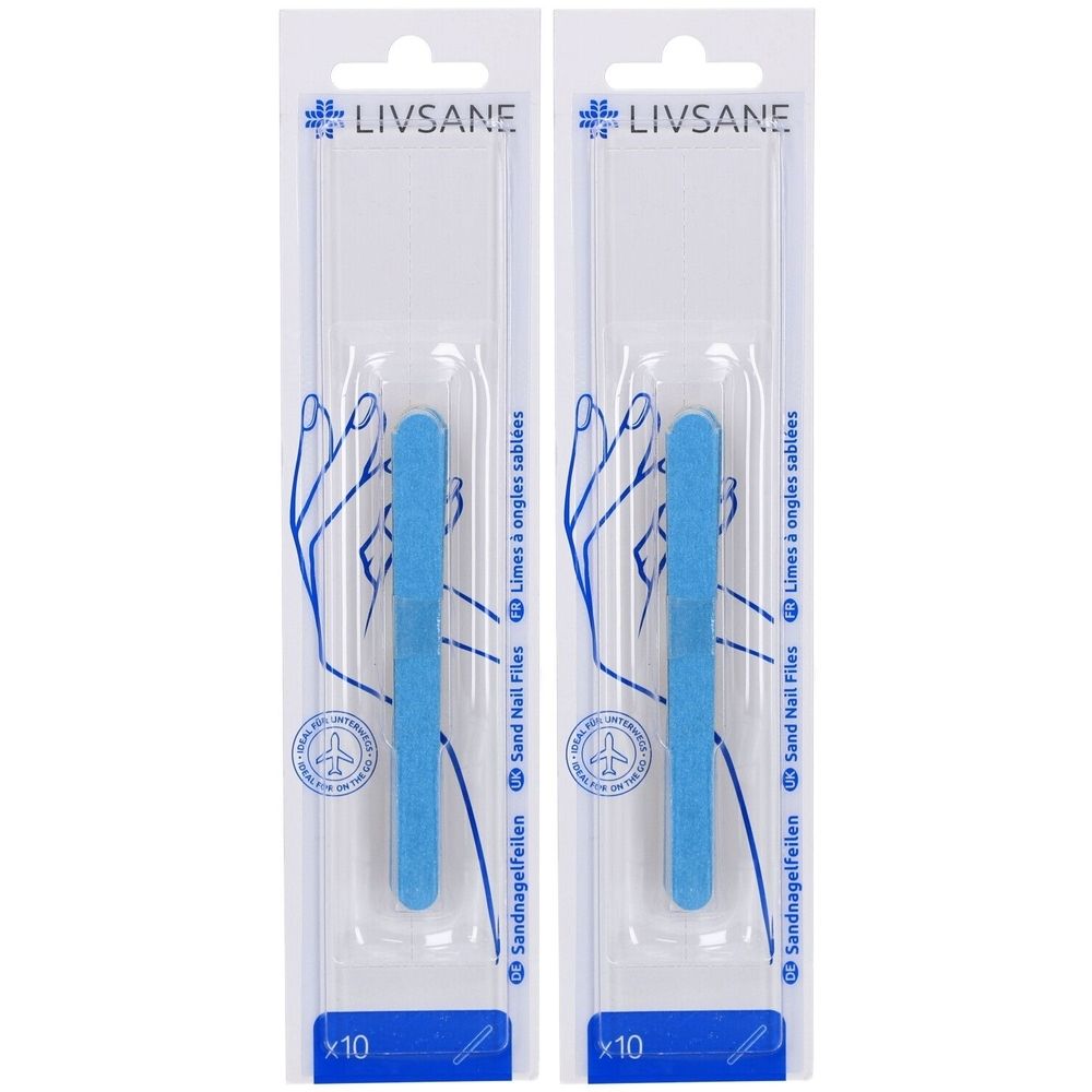 Zwei Packungen mit blauen Sandnagelfeilen. Jede Packung enthält 10 Feilen. Auf der Verpackung steht "LIVSANE" und "Sandnagelfeilen".
