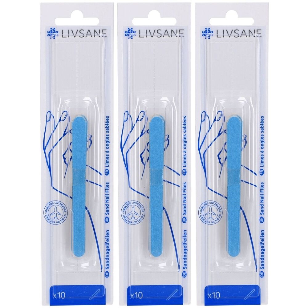 Drei Packungen mit blauen Nagelfeilen. Jede Packung enthält 10 Feilen. Aufschrift: LIVSANE, Sandnagelfeilen, Limes à ongles sablées.