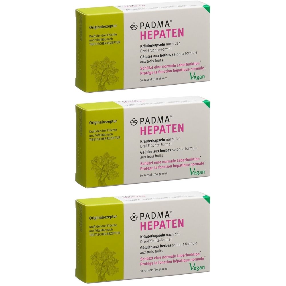 Drei Schachteln PADMA HEPATEN Kapseln. Weiße Schachteln mit grünen und gelben Akzenten. Vegan-Siegel.