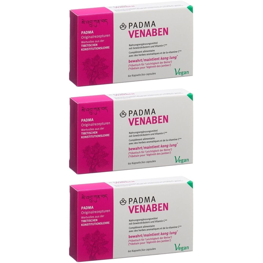 Drei Schachteln PADMA VENABEN Kapseln. Weiße Schachteln mit rosa und grünen Akzenten. Vegan-Siegel.