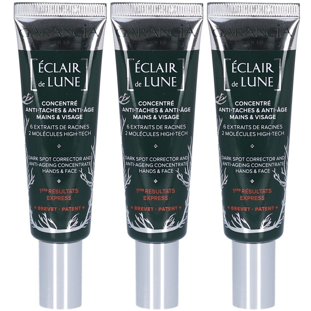 Drei Tuben mit silbernen Verschlüssen. Auf jeder Tube steht "ÉCLAIR de LUNE" und "CONCENTRÉ ANTI-TACHES & ANTI-ÂGE MAINS & VISAGE".