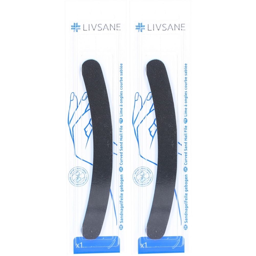 Zwei schwarze, gebogene Sandnagelfeilen in Verpackung. Marke LIVSANE. Aufschrift: Curved Sand Nail File.