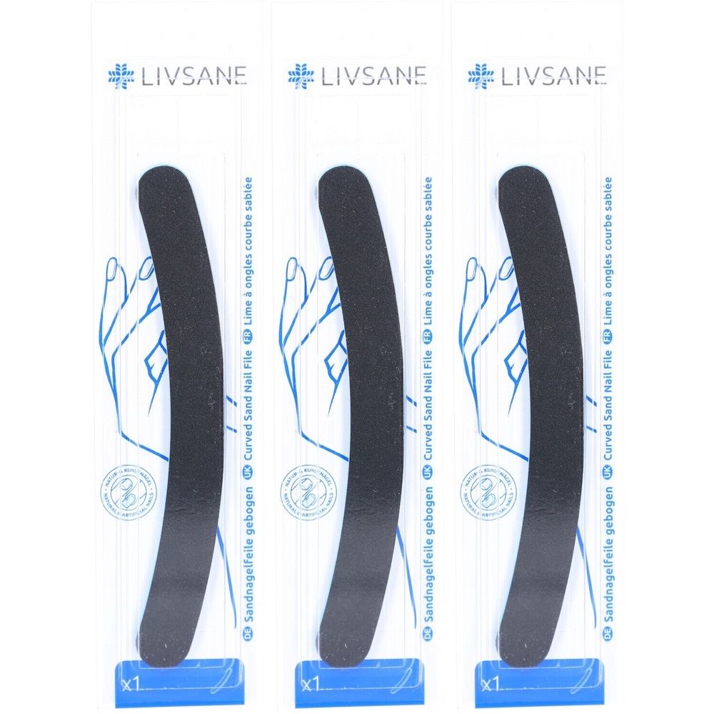 Drei schwarze, gebogene Sandnagelfeilen in Einzelverpackung. Aufdruck: LIVSANE, Sandnagelfeile gebogen, x1.