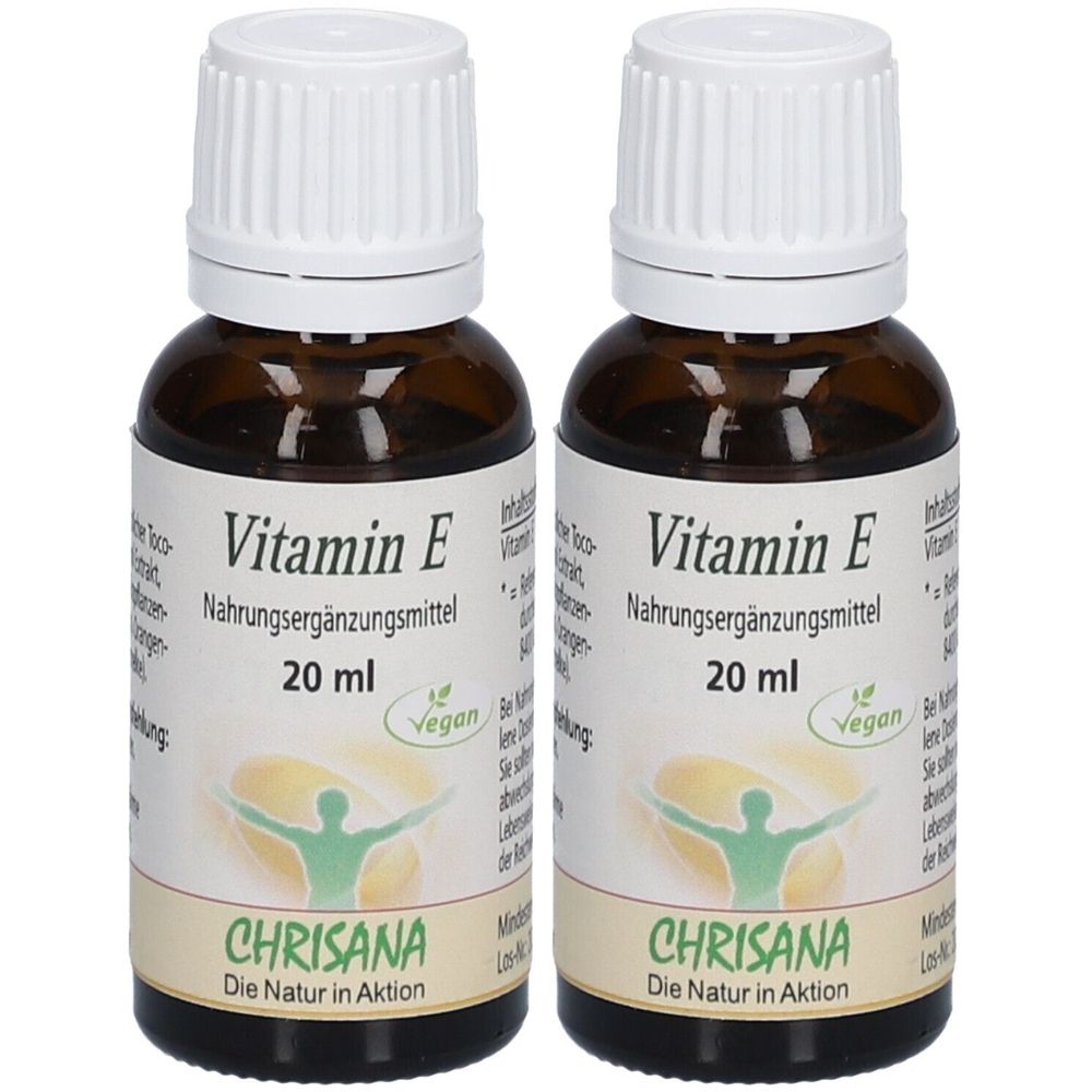 Zwei braune Glasflaschen mit weißen Deckeln. Auf den Etiketten steht "Vitamin E Nahrungsergänzungsmittel" und "20 ml". Das Logo zeigt eine Person.