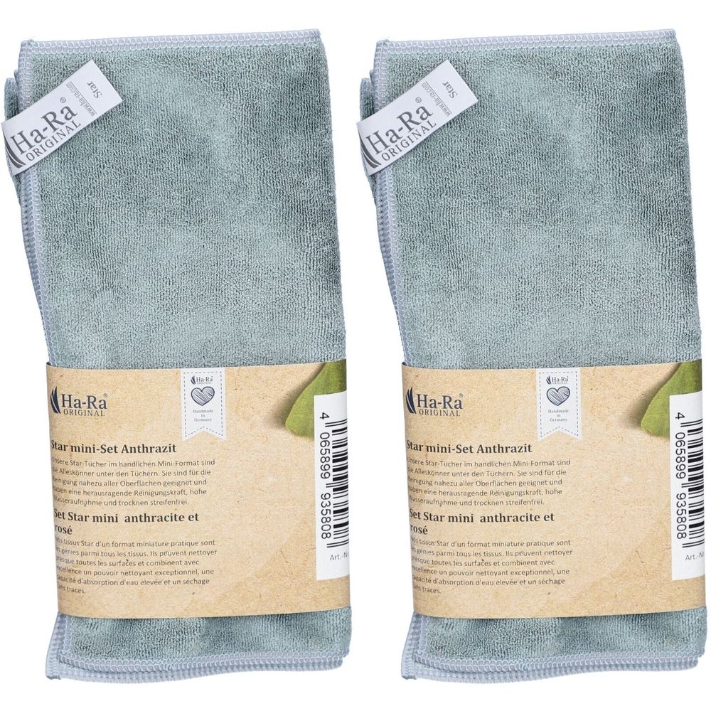 Deux lingettes en microfibre grises, emballées avec une bande de papier. La bande porte l'inscription "Ha-Ra Star mini-Set Anthrazit".
