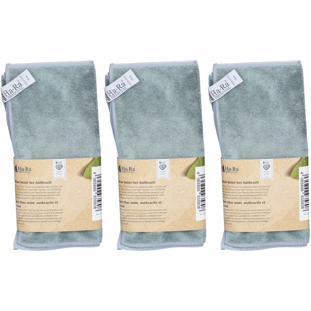 Trois chiffons de nettoyage en microfibre gris avec étiquettes. Les étiquettes indiquent "Ha-Ra".