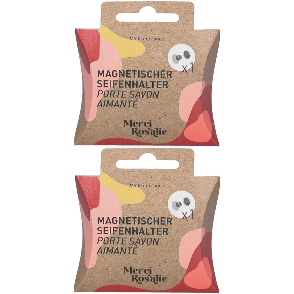 Zwei Verpackungen für magnetische Seifenhalter. Auf jeder steht "MAGNETISCHER SEIFENHALTER" und "Merci Rosalie". Hergestellt in Frankreich.