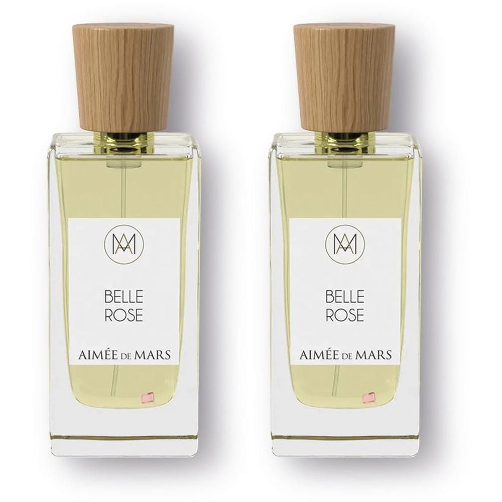 Deux flacons en verre avec bouchon en bois, contenant un parfum clair. Étiquette avec 'BELLE ROSE' et 'AIMÉE DE MARS'.