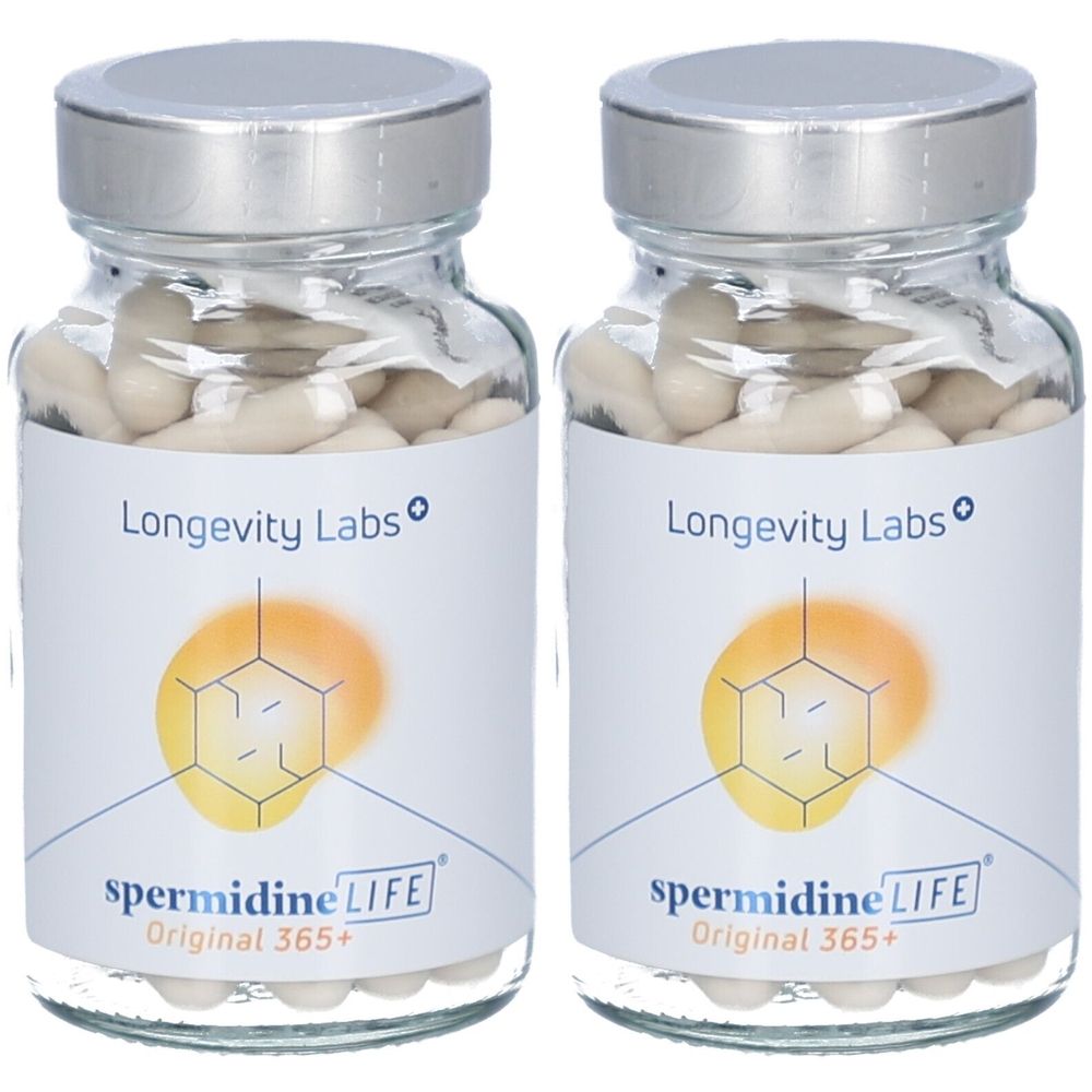 Zwei Glasflaschen mit Kapseln. Auf den Etiketten steht "spermidine LIFE Original 365+" und "Longevity Labs".