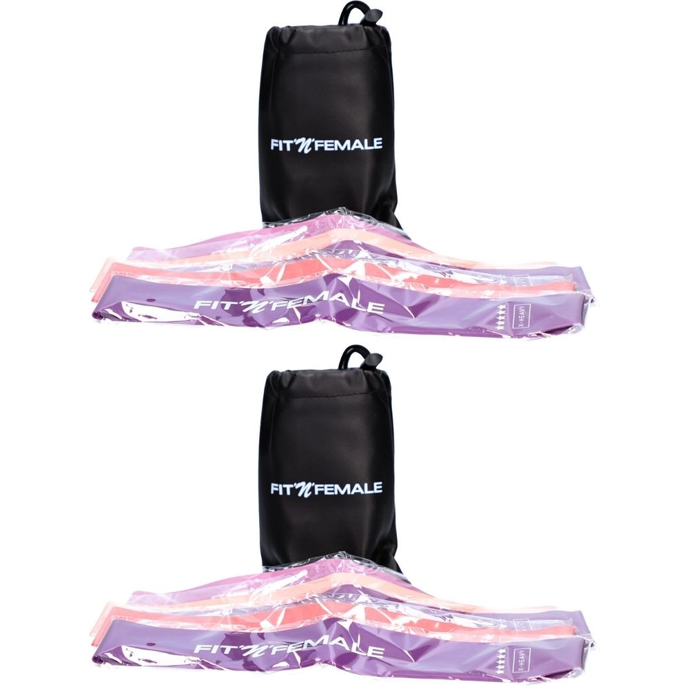 Bandes de résistance emballées. Sac noir avec logo blanc. Plusieurs bandes de différentes couleurs.