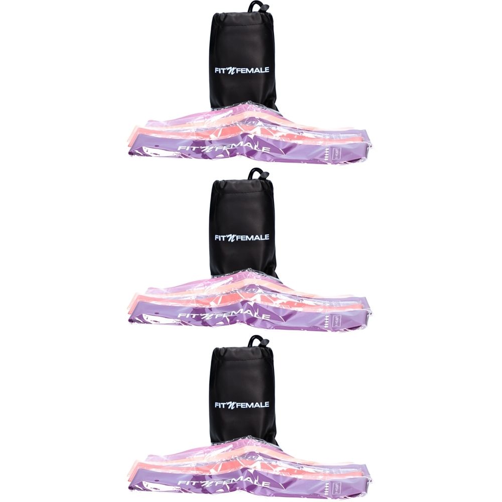 Bandes de résistance violettes, roses et oranges. Sacs de rangement noirs avec logo. Plusieurs ensembles emballés sous film.