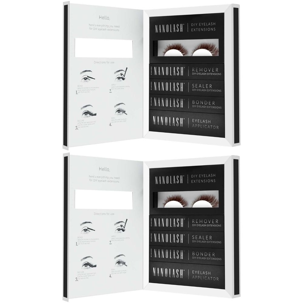 Geöffnete Verpackung mit Wimpern und Zubehör. Enthält Wimpern, Remover, Sealer, Bonder und Applikator. Schwarze und weiße Verpackung.