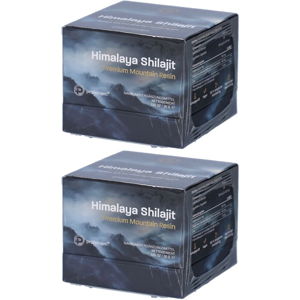 Zwei Schachteln Himalaya Shilajit Premium Mountain Resin. Schwarze Verpackung mit Produktnamen und Logo. Klare Folie.