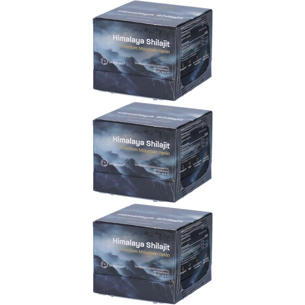 Drei quadratische Schachteln mit der Aufschrift Himalaya Shilajit. Die Verpackung zeigt eine Berglandschaft.