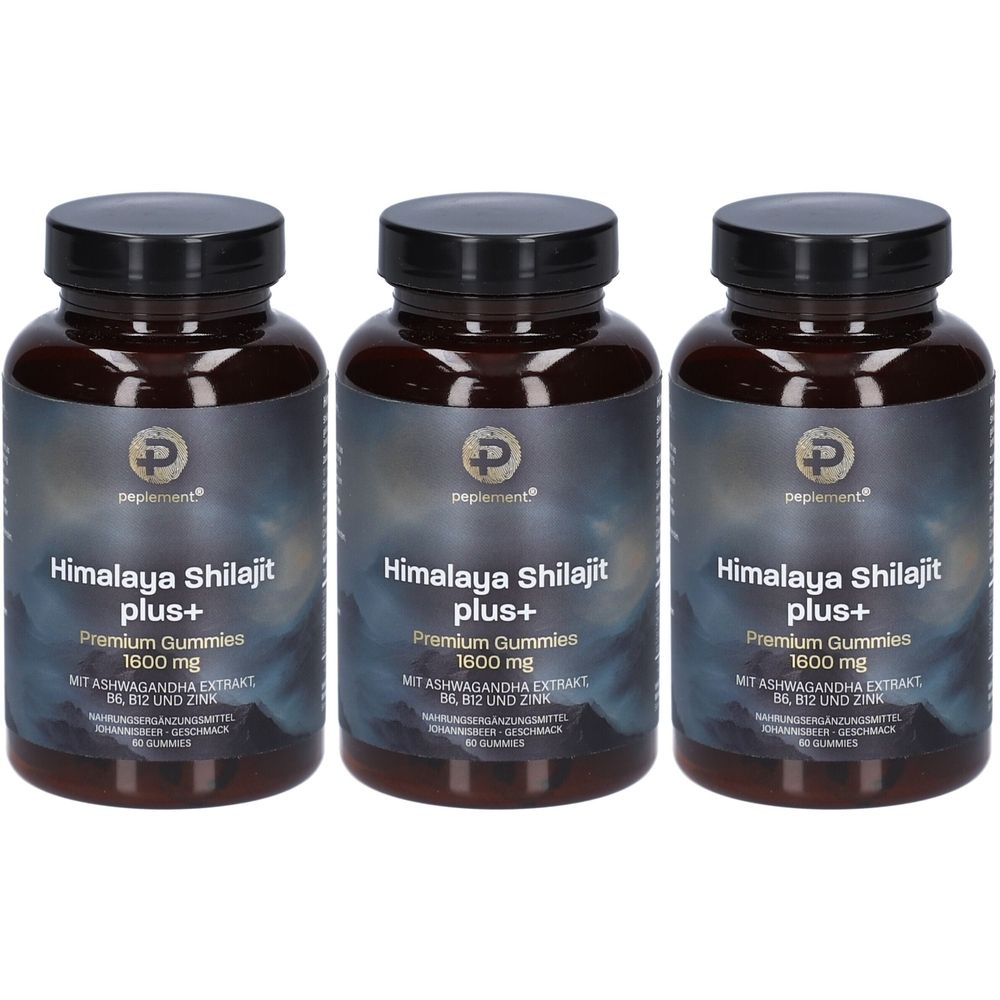 Drei braune Flaschen mit schwarzen Deckeln. Auf jeder Flasche steht Himalaya Shilajit plus+ Premium Gummies 1600 mg.