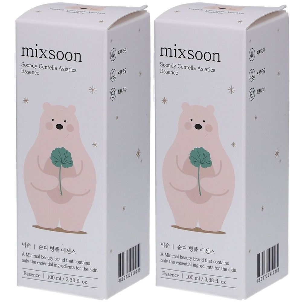 Zwei weiße Kartons mit Bär-Illustration. Aufschrift: mixsoon Soondy Centella Asiatica Essence. Barcode und Text in Koreanisch.