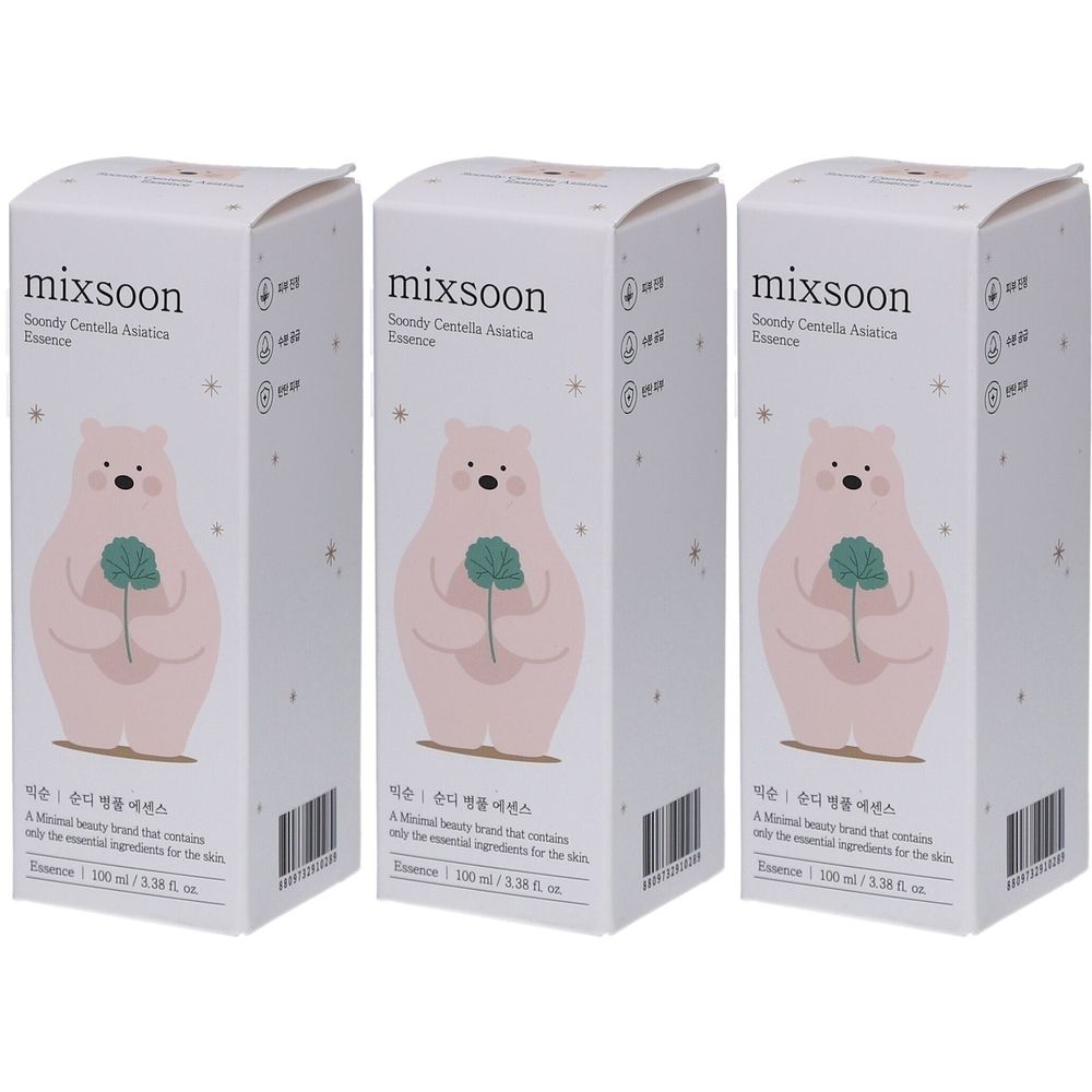 Drei Kartons mit Produkt. Aufdruck: mixsoon, Bär mit Baum. Text: Soondy Centella Asiatica Essence.