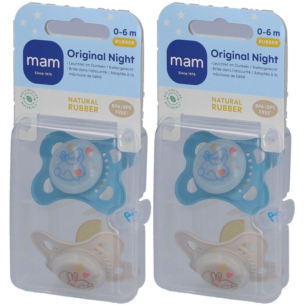 Zwei MAM Original Night Schnuller in Verpackung. Blau und beige, 0-6 Monate. BPA/BPS-frei. Naturkautschuk.