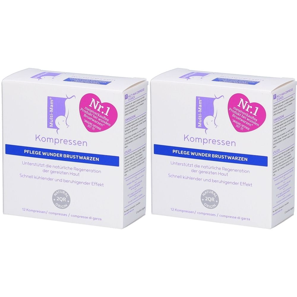 Deux boîtes carrées. Inscription: Multi-Mam, compresses, soin des mamelons. Avec autocollant rose en forme de cœur: Nr.1.