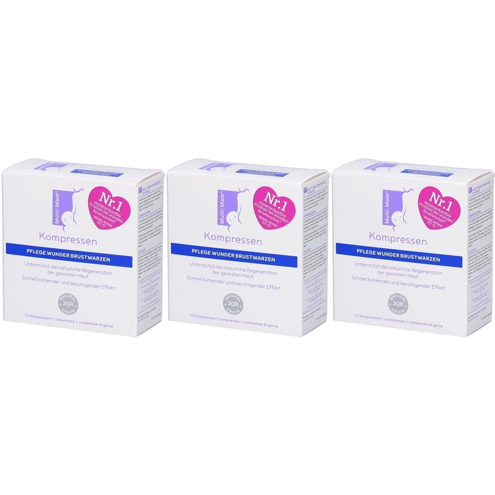 Drei weiße Kartons mit rosa Herz-Aufklebern. Aufschrift: Kompressen, Pflege wunder Brustwarzen. Marke Multi-Mam.