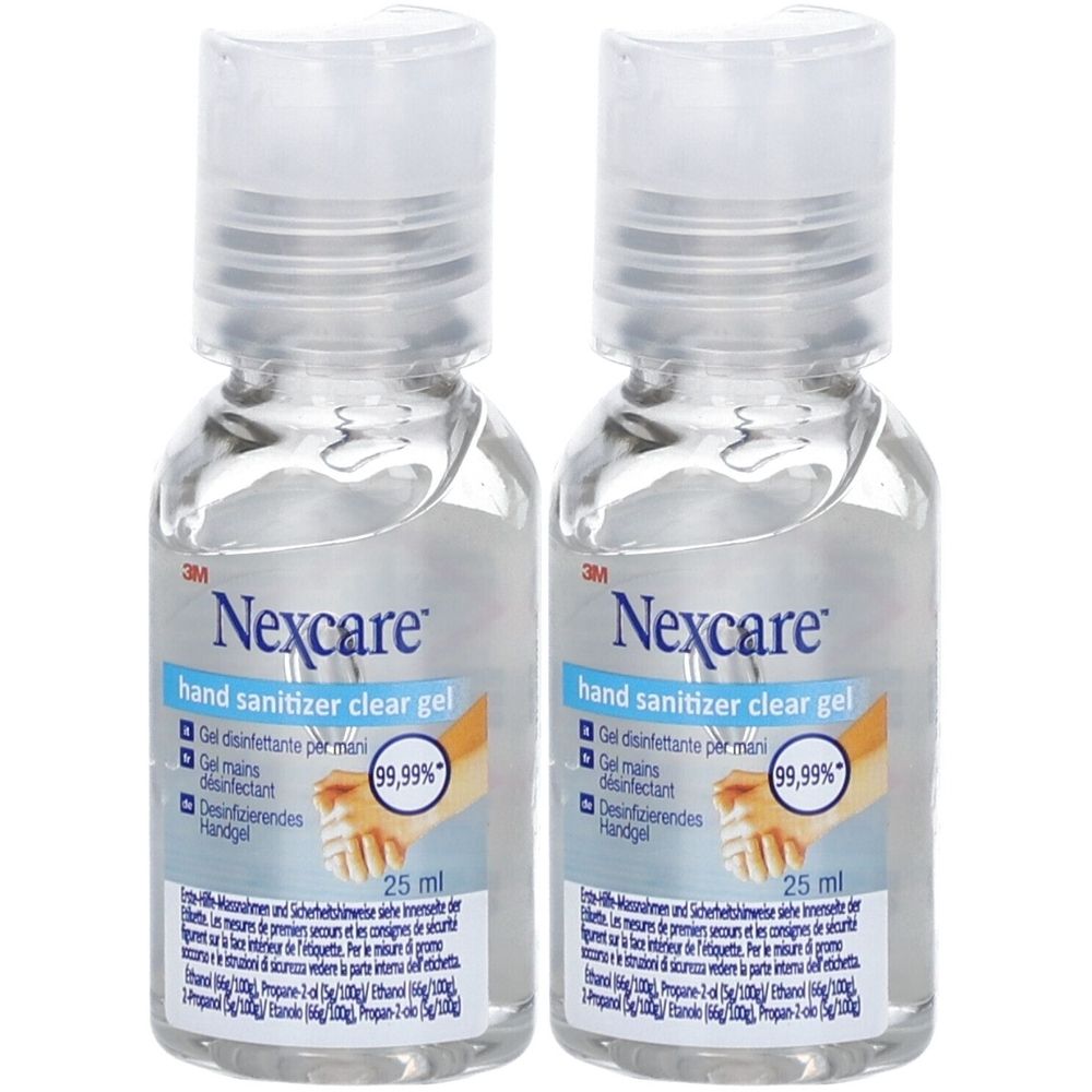 Deux flacons transparents avec bouchons blancs. Étiquettes avec "Nexcare hand sanitizer clear gel". Un cercle indique 99,99%.