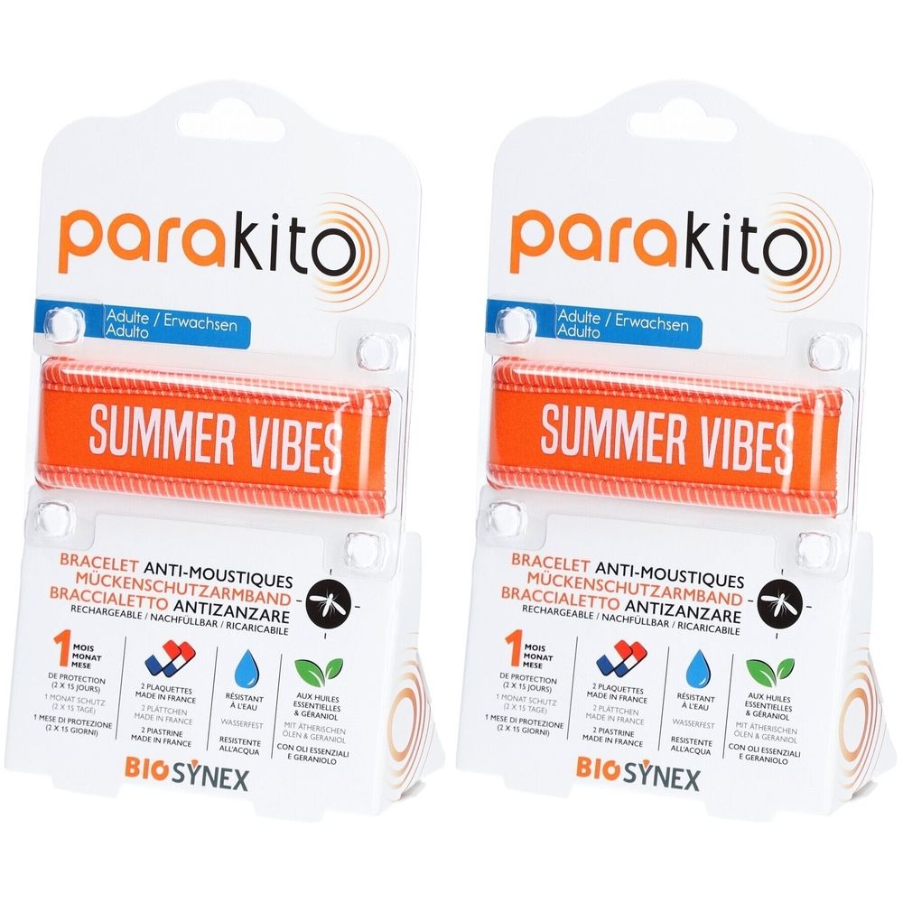 Zwei Parakito Anti-Mücken Armbänder in Verpackung. Orangefarbenes Armband mit "SUMMER VIBES" Schriftzug. Verpackung mit Logo und Produktinformationen.