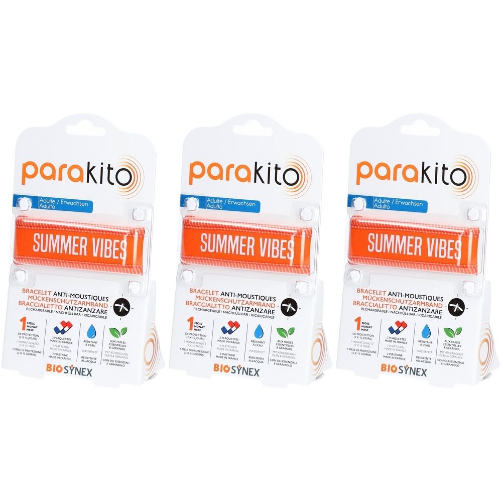 Drei Packungen Parakito Armbänder. Jedes enthält ein orangefarbenes Armband mit "SUMMER VIBES" Aufdruck. Verpackung mit Logo und Icons.