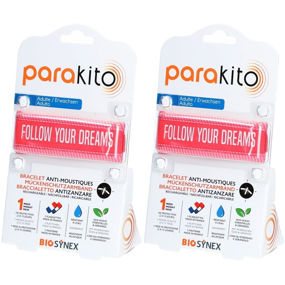 Zwei Packungen Parakito Armbänder. Rotes Armband mit Aufschrift "FOLLOW YOUR DREAMS". Verpackung mit Logo und Produktinformationen.