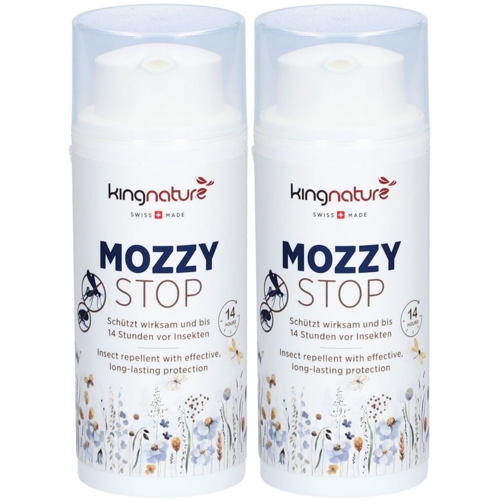 Zwei weiße Sprühflaschen mit transparentem Deckel. Aufschrift: Mozzy Stop, kingnature, Swiss Made. Text: Insektenschutzmittel.
