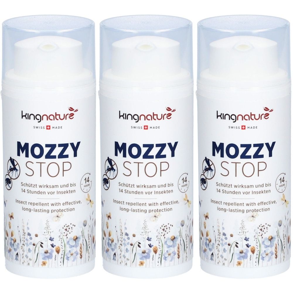Drei weiße Sprühflaschen mit transparentem Deckel. Aufschrift: Mozzy Stop, kingnature. Schützt bis zu 14 Stunden vor Insekten.