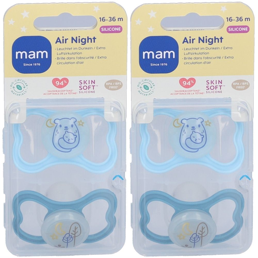 Zwei MAM Air Night Schnuller in Verpackung. Blau, Silikon, 16-36 Monate. Mit Aufdrucken und Logo.