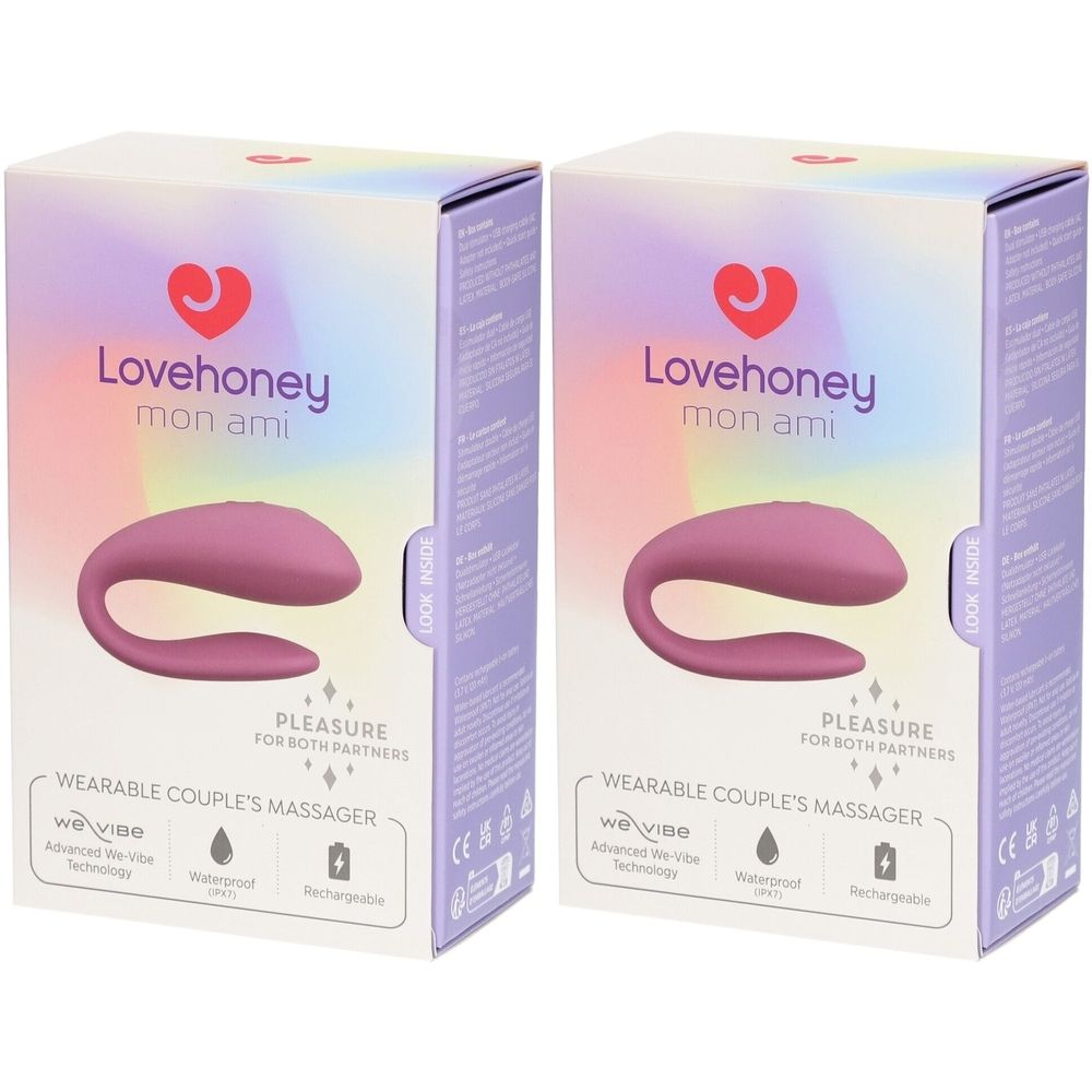 Zwei Verpackungen des Lovehoney mon ami Paarvibrators. Aufdruck: Marke, Produktname, Form des Vibrators, Eigenschaften.