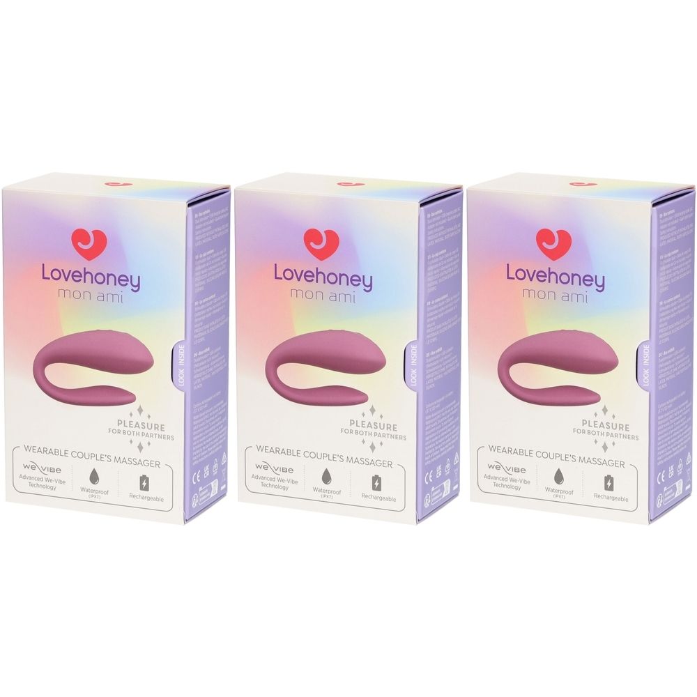 Drei Verpackungen mit einem Paarvibrator. Auf jeder Verpackung steht "Lovehoney mon ami". Der Vibrator ist rosa und U-förmig.