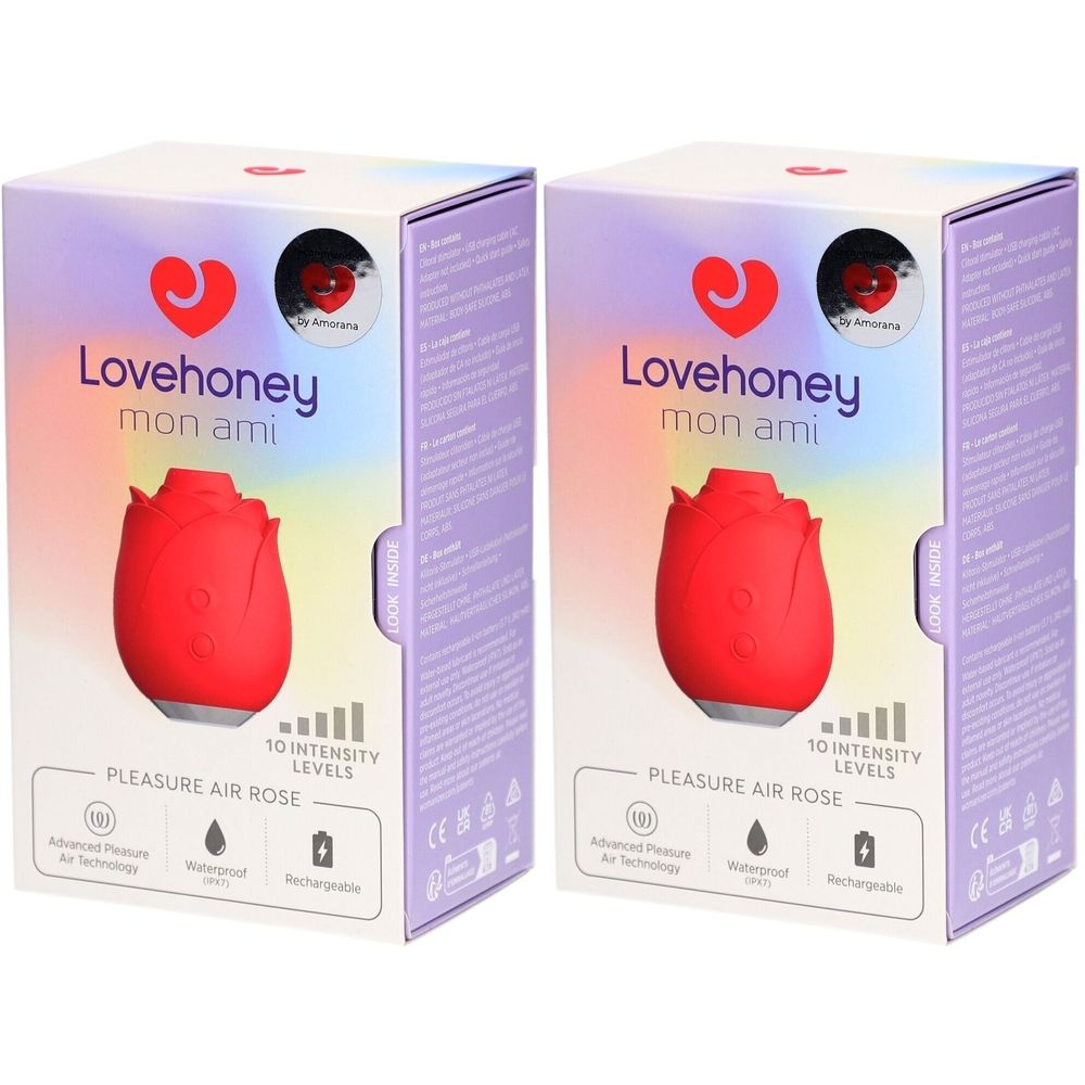Zwei Verpackungen des Lovehoney mon ami Auflegevibrators. Rote Rosenform, 10 Intensitätsstufen. Wasserdicht und wiederaufladbar.
