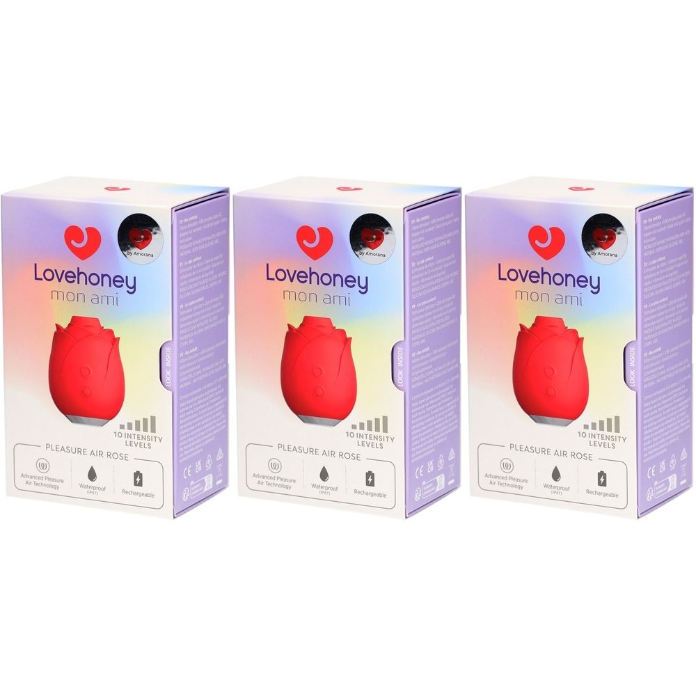 Drei Produktverpackungen. Auf jeder Schachtel: rosenförmiger Auflegevibrator, Marke Lovehoney, Schriftzug Mon Ami, Intensitätsanzeige.